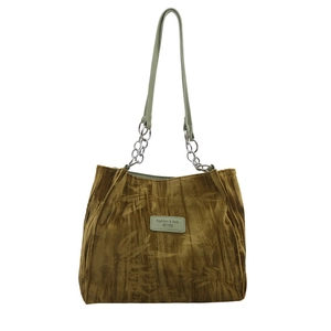 Olive green corduroy tote bag with leaf texture and silver chain shoulder strap
