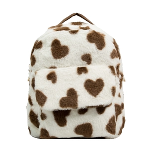 Cute plush mini backpack featuring brown heart patterns with a front zipper pocket