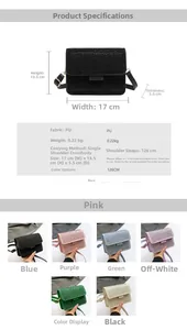 Detailed dimension chart showing the PU leather crossbody bag size and multiple colors
