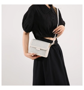 Close-up of a sparkling rhinestone crossbody bag worn by a model in a black dress