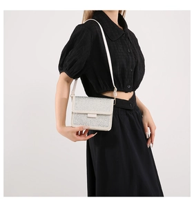 Detail of elegant silver rhinestone crossbody bag with sparkling rectangular flip cover