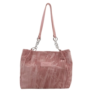 Pink velvet tote bag with bamboo leaf pattern and metal chain shoulder straps
