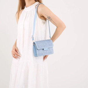 Minimalist light blue crossbody bag with glittering rhinestones and leather strap for women