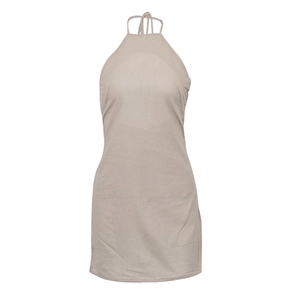 Close-up of khaki halter neck mini dress showing fabric texture and slim fit design