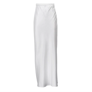 Elegant high-waisted white satin maxi skirt with a smooth finish and a sleek silhouette