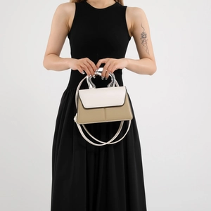 Fashionable color-block crossbody square bag with unique silver metallic handle for women