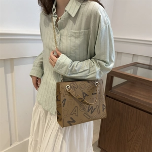 French vintage brown monogram tote bag with gold chain strap for women summer style
