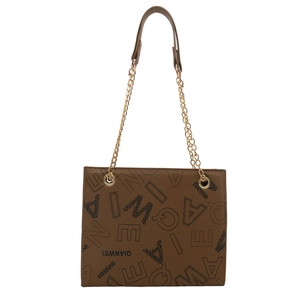 Brown monogram tote bag with gold chain straps and letter print for women
