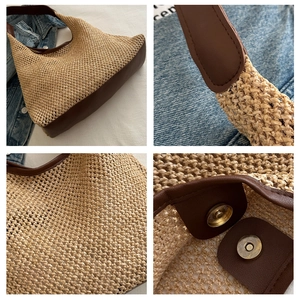 Detailed views of summer woven straw tote with leather trim and magnetic buckle closure