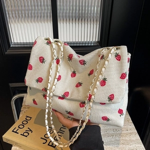 Strawberry Print Corduroy Shoulder Bag With Chain Strap Cute Flap Crossbody Purse For Women Casual Daily