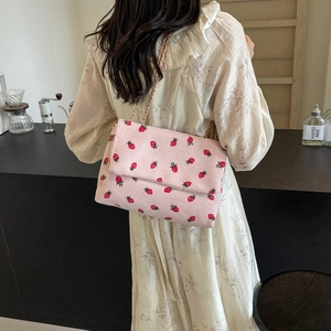 Pink corduroy shoulder tote bag with strawberry print and elegant metal chain strap