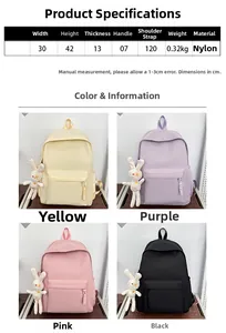 Size chart and four color options for the minimalist nylon backpack with rabbit pendant
