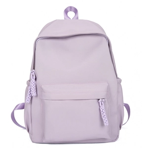 Minimalist lavender nylon backpack with spacious main compartment and woven zipper pullers