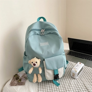 Lightweight Oxford Cloth Kids Backpack For Girls School Bag With Cute Bear Pendant Fashion Contrast Color Student Daypack