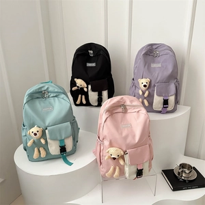 Fashion lightweight nursery school bags for girls in four colors with teddy pendants