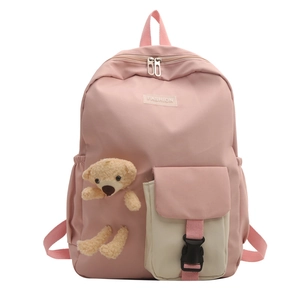 Lightweight pink girl backpack with 3D teddy bear and buckle pocket for preschool