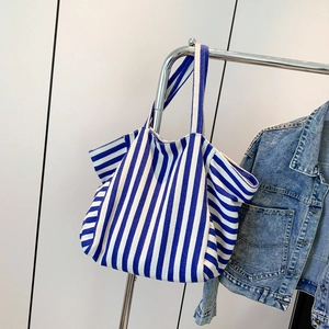 Retro blue and white striped tote bag with large capacity and matching shoulder straps
