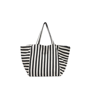 Classic black and white striped canvas tote bag with large capacity and double handles