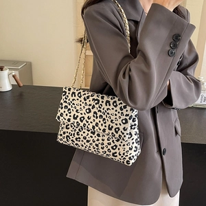 Sac À Épaule Imprimé Léopard En Toile Pour Femme Avec Bandoulière Chaîne Dorée Rabat Vintage Sac Bandoulière Rétro