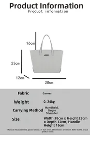 Detailed size chart for minimalist grey canvas tote bag with precise measurements