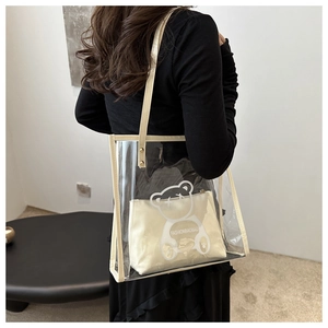 Rear view of a transparent PVC tote bag with white bear print and inner canvas pouch