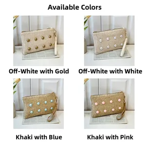 Detail view of woven straw clutch bags with pearl bead accents in four color options