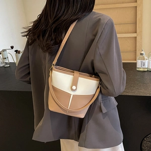 Borsa A Secchiello Da Donna A Blocchi Di Colore Pelle PU Borsa A Mano Tracolla Moda Minimalista Quotidiana