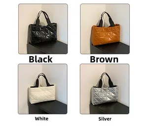 Quilted tote bags shown in black, brown, white, and silver with triangular patterns