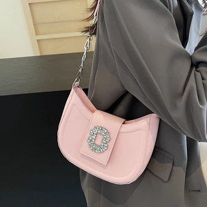 Elegant pink crescent underarm bag with sparkling crystal buckle and silver chain strap