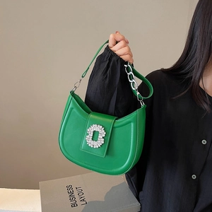 French style vibrant green hobo bag with crystal buckle and metallic chain strap