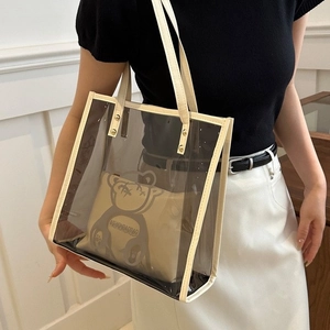 Women Transparent PVC Tote Bag With Cartoon Bear Print Inner Pouch PU Leather Trim Rivet Shoulder Bag Clear Summer Beach Handbag