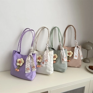 Women Large Capacity Nylon Tote Bag With Braided Handle Silk Scarf Flower Charm Commuting Casual Shoulder Bag Shopping Bag