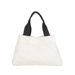 White quilted tote bag with triangle stitching and contrasting black webbing handles