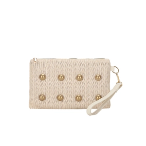 Chic beige woven straw clutch bag with gold studs and detachable wrist strap