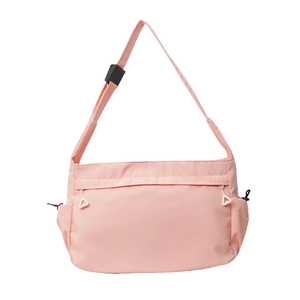 Light pink nylon tote bag with drawstring side pockets and adjustable shoulder strap
