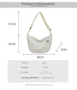 Detailed size guide for white corduroy hobo bag showing 38x24x9cm dimensions