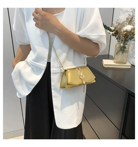 Close-up of a mini gold crossbody bag featuring a metal S logo and tassel chain detail