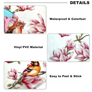 Detail of floral bird window film showing vinyl PVC waterproof and fadeless features