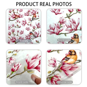 Detailed views of magnolia and bird window film showing front and reverse side texture