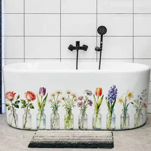Detailed watercolor floral stickers applied on a modern white bathtub side surface