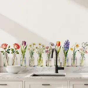 Detailed watercolor floral decals in glass bottles on a modern kitchen background