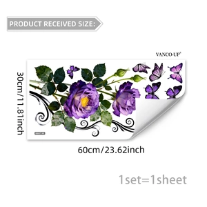 Close-up of purple rose wall sticker set with butterflies and green vine patterns