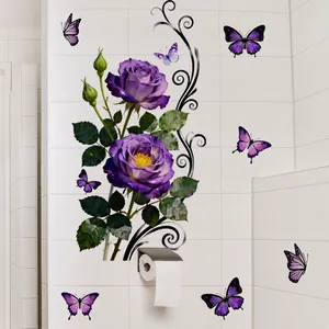 Adhesive wall sticker with purple roses and butterflies for home wall decoration