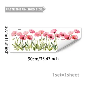 Detail view of pink poppy watercolor wall sticker showing 90x30cm size and adhesive backing