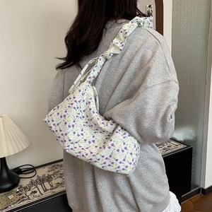 Damen Blumen Leinwand Schultertasche Geraffter Gurt Süße Schleife Unterarm Hobo Tasche Für Täglich Reise Sommer Pastoral Stil Tasche