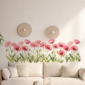 Detailed watercolor pink poppies and green leaves wall sticker on a living room wall