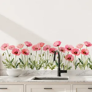 Detail of pink watercolor poppy wall decals on a modern kitchen background wall