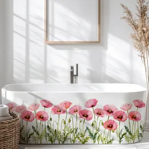 Waterproof pink poppy flower wall stickers applied to a modern bathtub side
