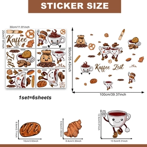 Cartoon coffee and bread wall stickers set for living room decor 6 sheets 100x90cm