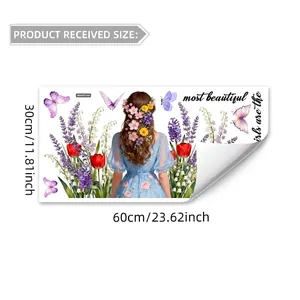 Detailed view of girl with flowers and butterflies wall decal, size 30x60cm adhesive sticker